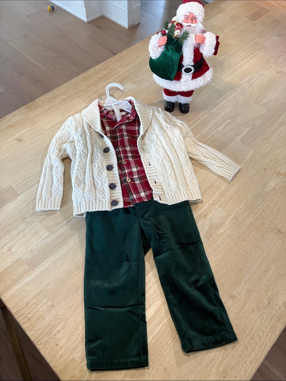 Tommy Bahama Cream Cable-Knit Cardigan, Red Plaid Shirt & Green Pants Kids Set